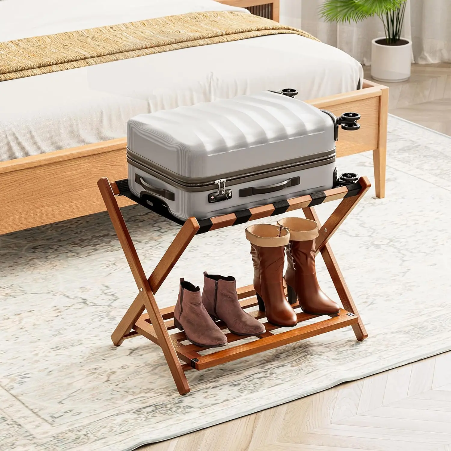 Bamboo Foldable Luggage Rack 1 Pack - Fully Assembled Heavy-Duty Wood Organiser with Storage Shelf, Room Accessories for Guest Room & Hotel