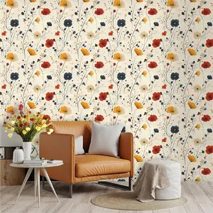 Vintage Hand-Painted Floral Wallpaper, PVC Material, Moisture-Proof, Easy Peel-And-Stick, Ideal for Living Room, Kitchen, Bedroom Decor