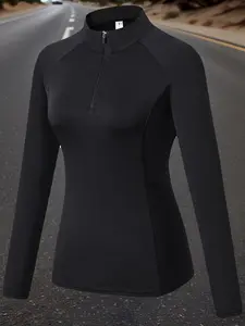 Sporty Women's Zip Up Half Placket Sports Tee, Sports Raglan Sleeve Mock Neck Top, Women's Sport & Outdoor Clothing, Athletic Style Activewear