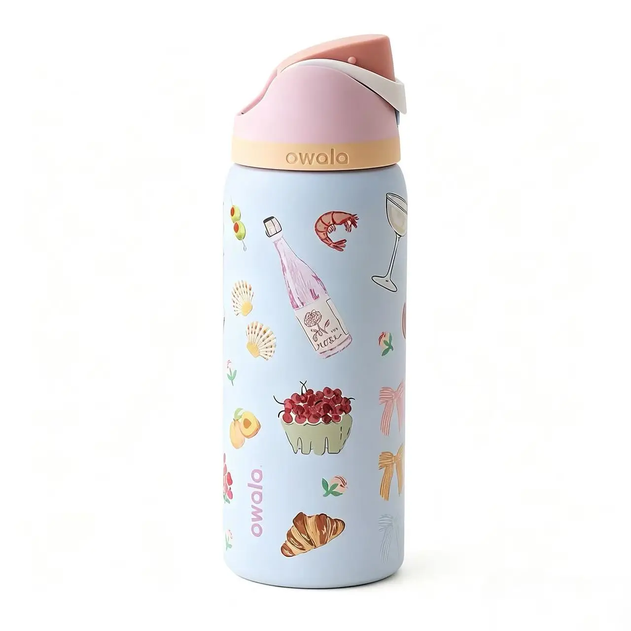 Owala 32oz Modern Pure Copper Insulated Portable Flask Tumbler - Rosé & Croissant Picnic Print, New Trending Water Bottle, Leakproof, 7-12 Hours Icy Cold, Heat Resistant, Dual Drink Lids, Straws, Duck Can, Bag, for Brunch Outings, Beach Days, Insulated Wa