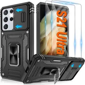 for Galaxy S23 Ultra Case with [2 Pack] HD Screen Protector & Slide Camera Cover, 360° Rotation Ring Kickstand [Military Grade] Shockproof Protective 6.8", Black