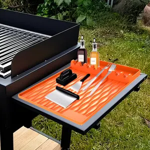 Heavy Duty Silicone BBQ Mat for Grill Side Shelf Heat Resistant Grilling Tools Caddy with Spatula and Oil Bottle Holder Non-Slip Griddle Side Table Protector Waterproof Outdoor Barbecue Accessory for Backyard Cooking and Tailgating
