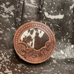 Round Leather Cowhide Crossbody Purse