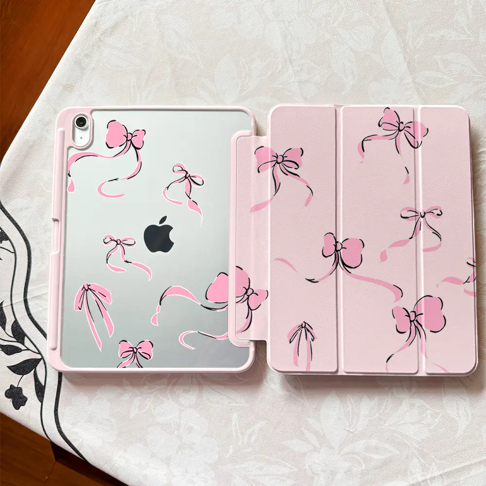 Coquette Pink Bow Case for iPad 10th Gen (2022) 10.9inch iPad A16 11th Gen (2025) Aesthetic Clear Back Smart Cover with Pencil Holder Slim Trifold Stand for Girls