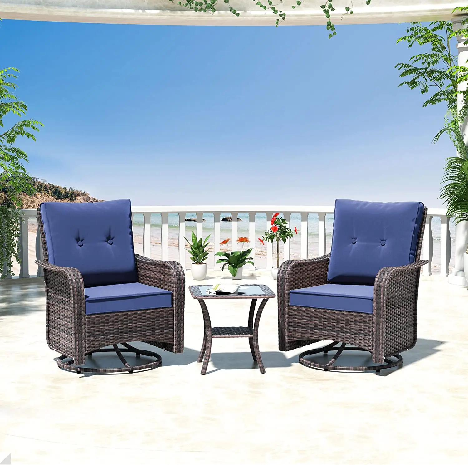 3 Pieces Patio Furniture Set,Outdoor Swivel Rocking Chairs Porch Furniture Patio Rattan Chairs with Table