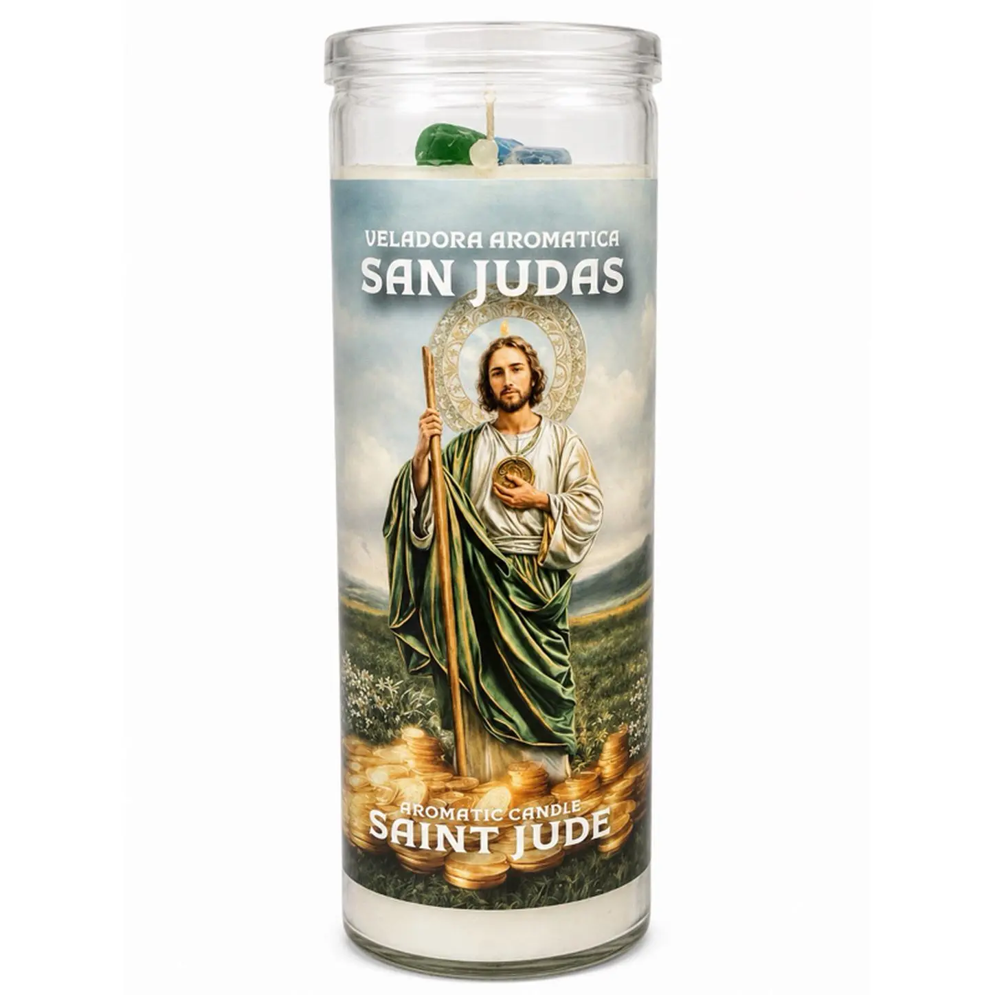 San Judas Tadeo Aromatic Candle - White for Protection Peace Health Work Stability & Spiritual Clarity - Traditional Use for Difficult Cases