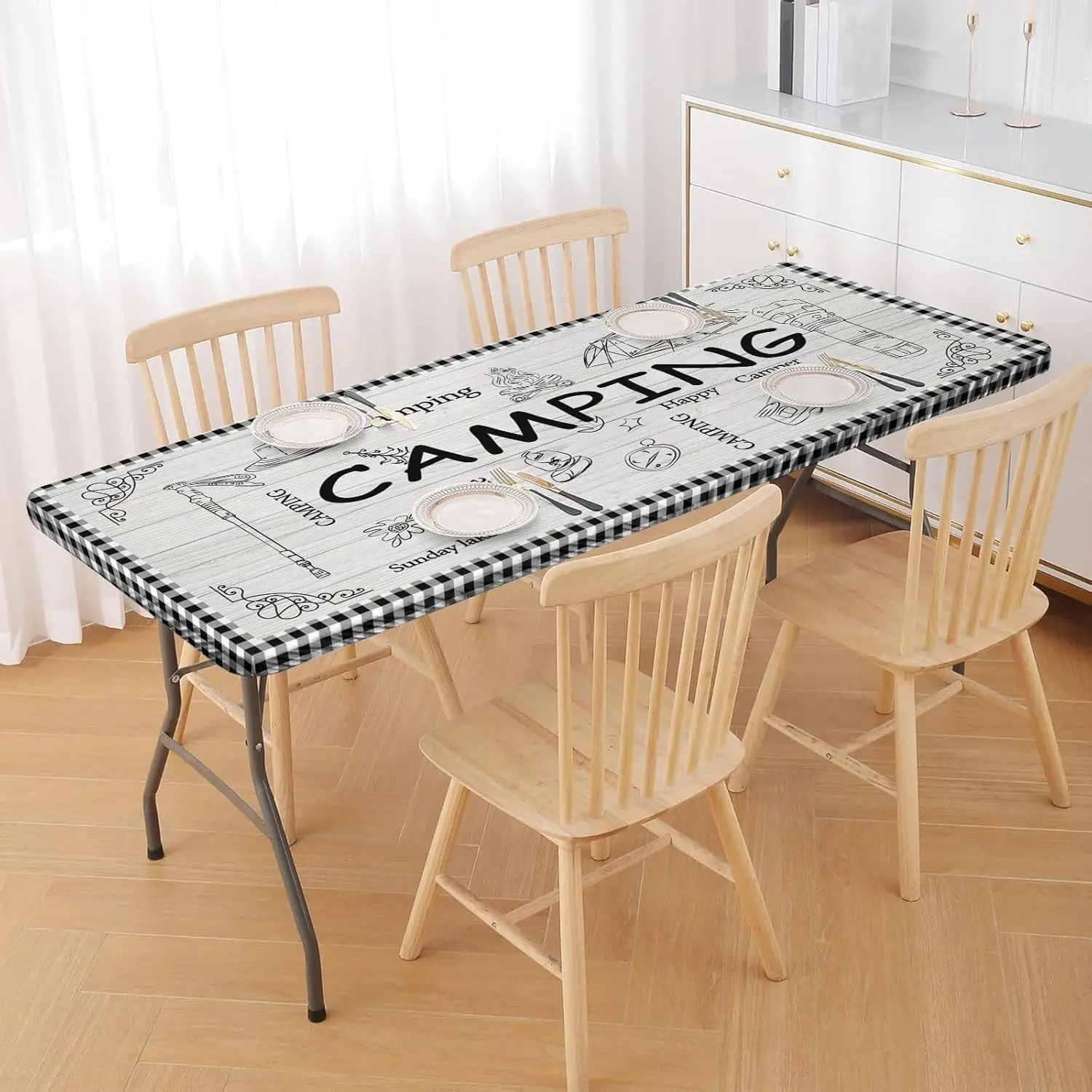 Picnic Table Cover with Elastic Edge,6FT Wind Proof Wrinkleproof Fitted Tablecloth Cover Camping Beach Patio Rectangle Table Cloth for Indoor Outdoor (Camping White, 30'' x 72'')