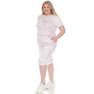 212 MAIN Women's Plus Size Soft Knit Elastic Fabric Pajama Set - Breathable Short-Sleeve Top, Adjustable Capri Bottoms with Pockets, Casual Style Nightwear, Lilac, PS3627-09-2X, 2X