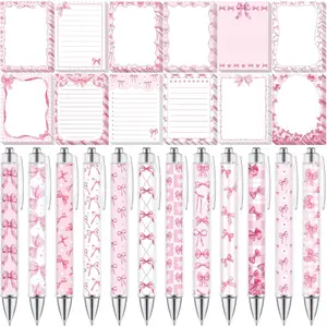 24 count  Bow Sticky Notes with Pens  Bow Themed Self Adhesive Notepad Black Ink Ballpoint Pen Office Supplies   for Birthday, Bachelorette, Bridal, Engagement