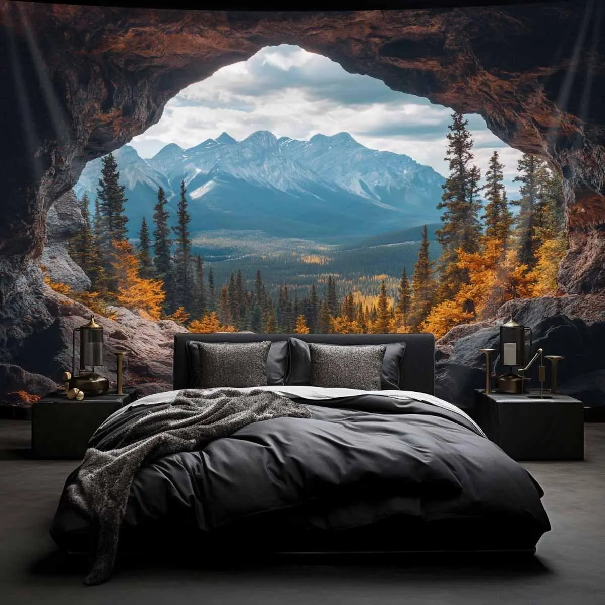 [Holiday Gift] 1pc Large Autumn Mountain Cave Scenery Tapestry- Realistic Nature Landscape Printed Wall Hanging, Durable Brushed Fabric for Bedroom Decor, Holiday Gift And Party Backdrop (No Electricity Needed), Forest Decor