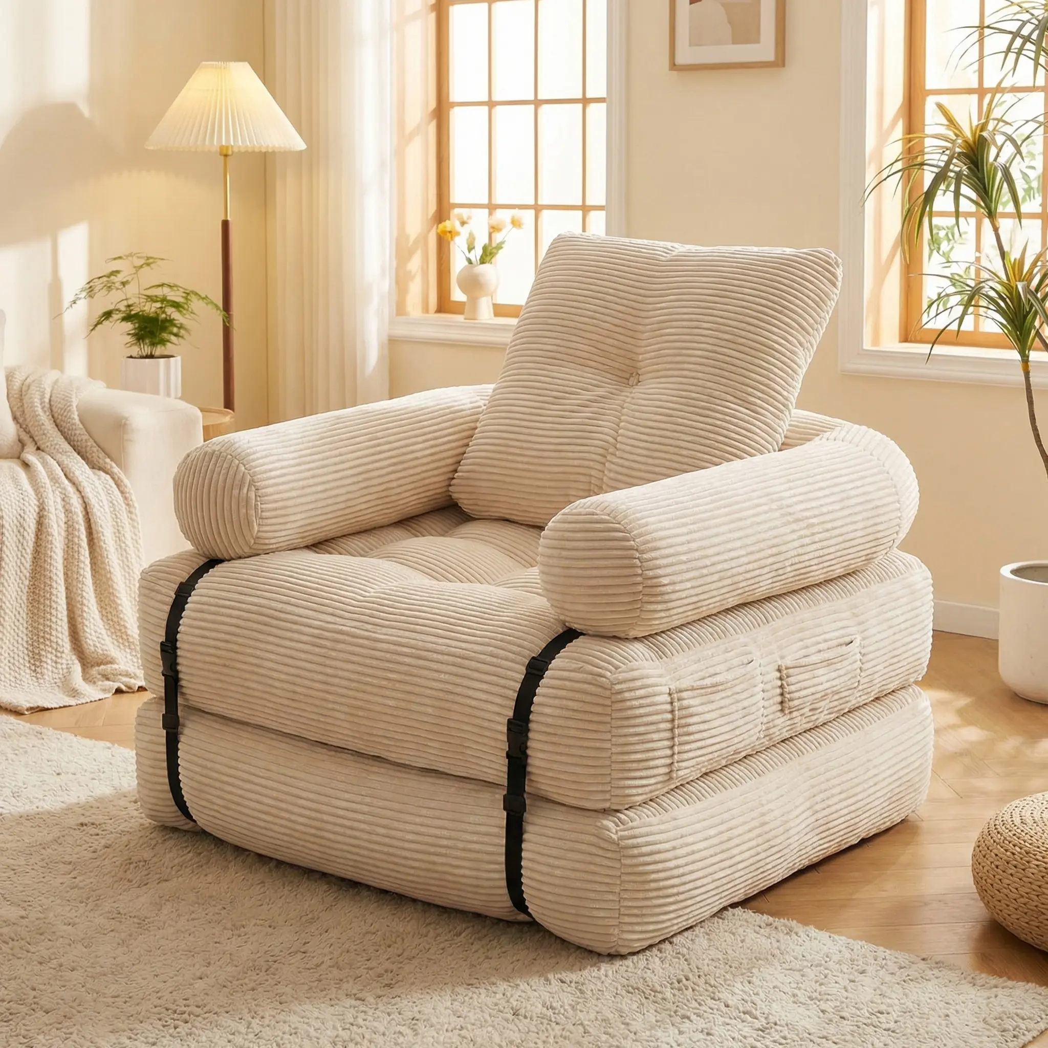 3-in-1 Folding Corduroy Oversized Chaise Lounge Chair, Convertible Single Sleeper Sofa Bed, Portable Lazy Floor Sofa with Storage Pockets for Living Room Dorm Guest Room boneless couches dupe cloud