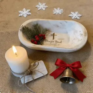 Wooden Prayer Bowl with Heart Shaped Engraved Cross & Inspirational Text for Home Decor Prayer Room Spiritual Gifts Christian Faith Essentials White Ornaments Decorative Religious