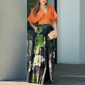 ChicMe Women's 2 Pieces V Neck Short Sleeve Ruched Top and Floral Print Pocket Design Wide Leg Pants Sets for Wedding Guest & Wedding