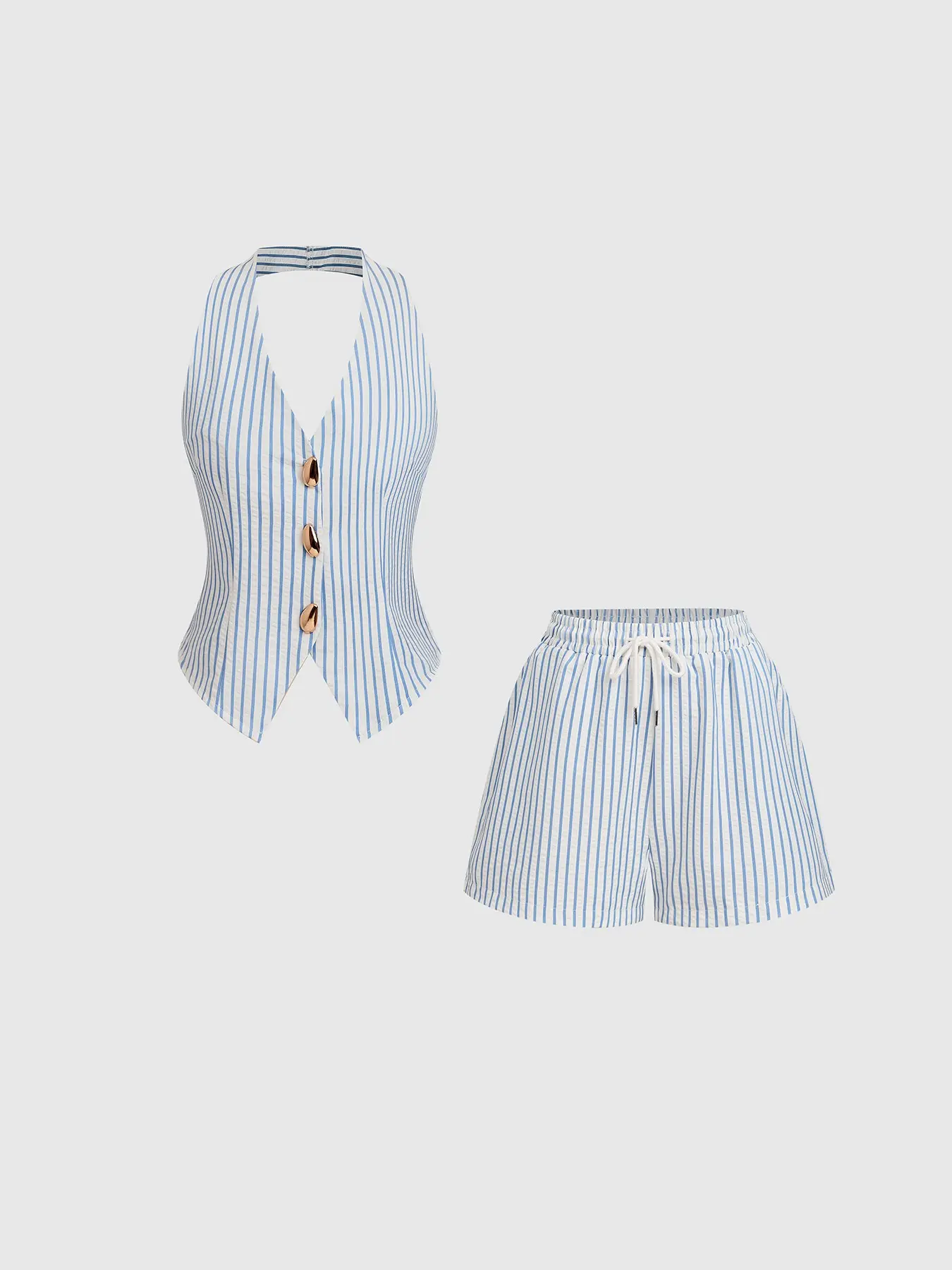 2 Piece Halter V-neck Striped Sleeveless Vest & Drawstring Casual Shorts Womenswear, Daily Versatile Outfit