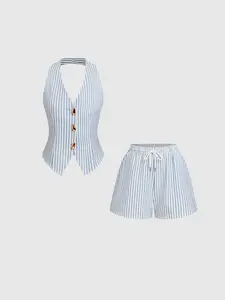2 Piece Halter V-neck Striped Sleeveless Vest & Drawstring Casual Shorts Womenswear, Daily Versatile Outfit