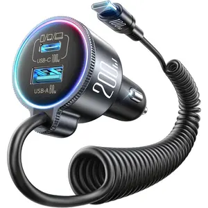 200W Car Charger USB C, PD100W Fast Charge w/100W Type C Fast Charging 5FT Coiled Cable, PD3.0/QC4.0/PPS Cigarette Lighter Phone Adapter for iPhone 17/16 ProMax, MacBook Pro/Air, Samsung S26/S25, iPad