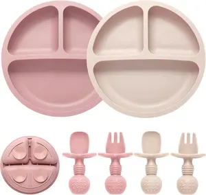 Silicone Baby Feeding Set – 2-Pack Divided Toddler Plates with Suction, 2-Pack Spoons and Forks,  Dishwasher Safe, Perfect Baby Shower Gift