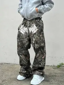 Men's Casual Camo Long Pants, Thorn Pattern Print, Drawstring Wide Leg, All Season Loose Fit, Men's Fashion Jogger Bottoms, Camouflage Branches, Casual Loose Baggy