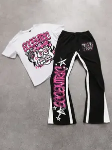 Y2K Retro Men's Streetwear Set - Oversized Comic Graphic Print Tee & Contrast Flare Pants, 2-Piece Urban Tracksuit for Festival, Clubbing & Hypebeast Style