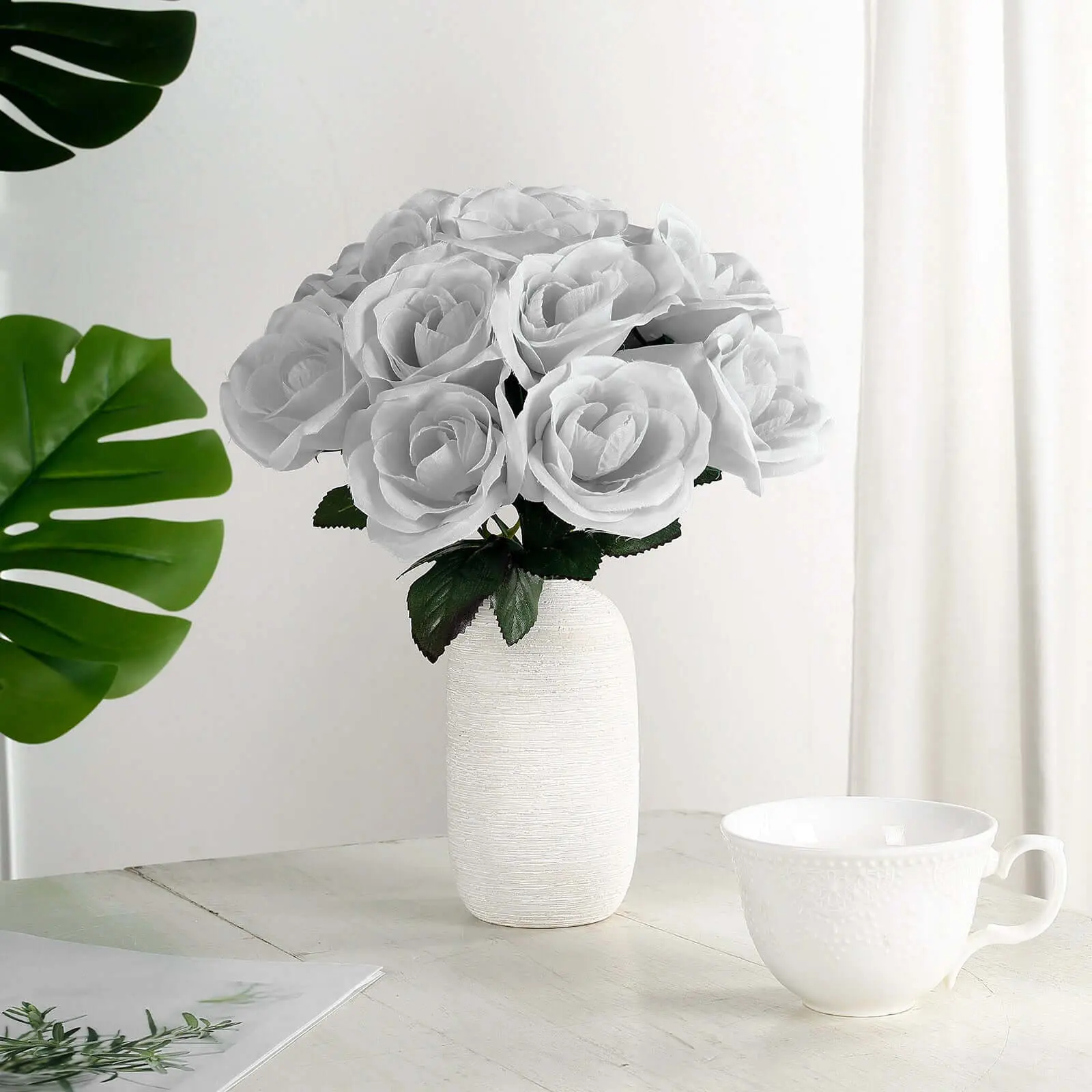 Silver Velvet-Like Fake Silk Flower Bouquet, 12" Decorative Floral Arrangement for Home Centerpieces, Party Decor, Wedding Floral Decor, Fake Silk Flowers