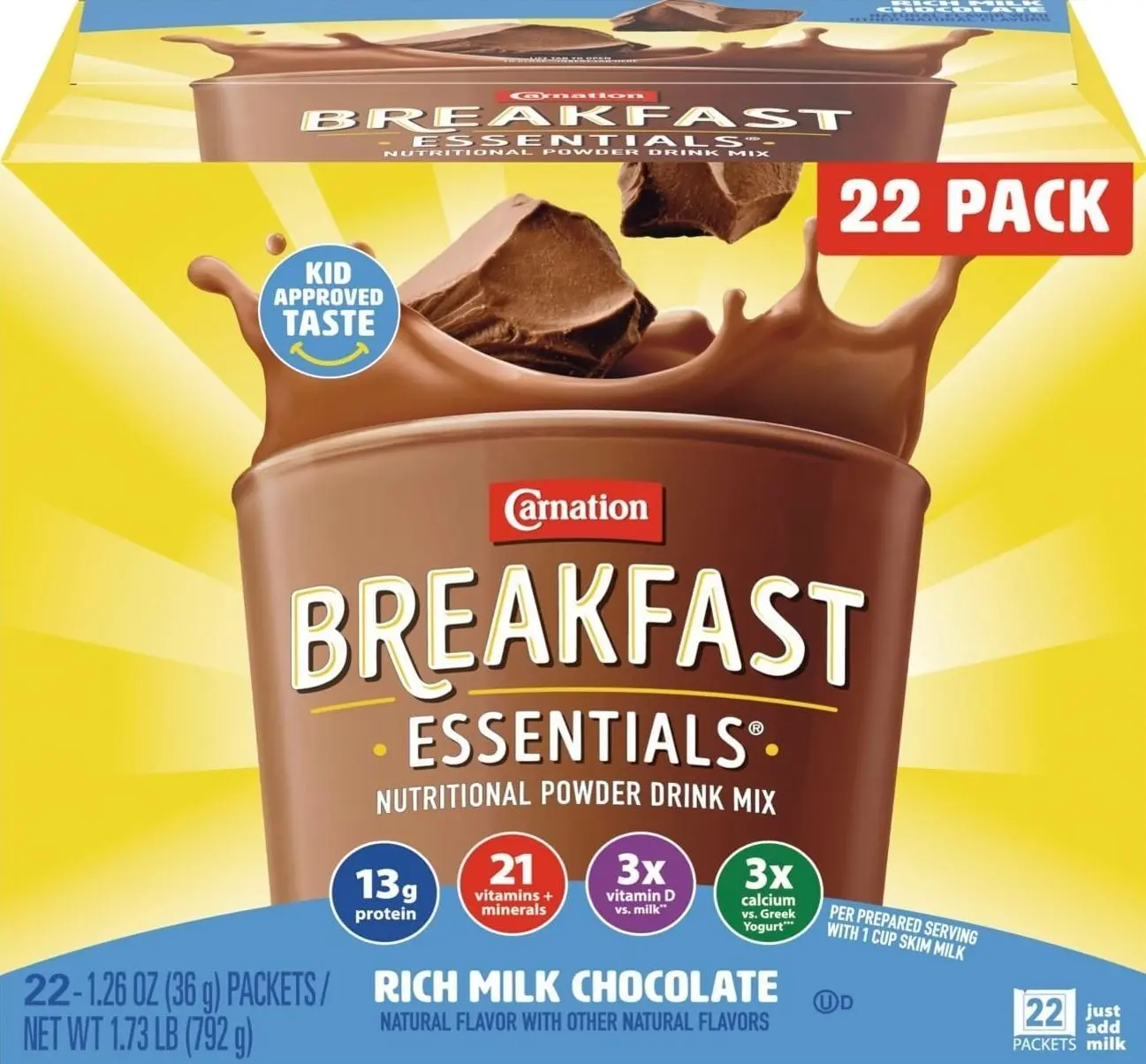Carnation Breakfast Essentials Powder Drink Mix, Rich Milk Chocolate, 22 Count Box of 1.26 Ounce Packets