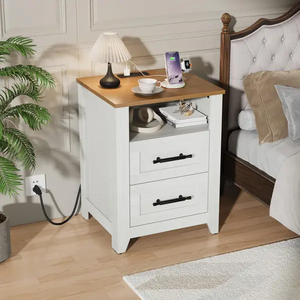 [FLASH SALE] Garvee Farmhouse Nightstand with 2 Drawer and Open Compartment, Side Table with Charging Station, End Table with Storage Shelf for Bedroom, Living Room, Color-Blocking, 1PCS