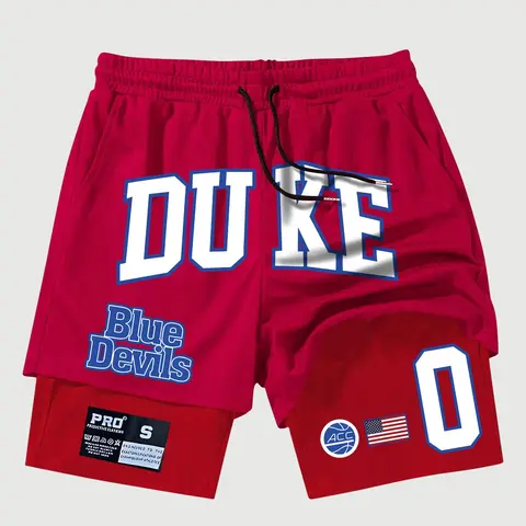 Men's Regular Fit Duke Letter Print 2-in-1 Shorts, Casual Comfy Breathable Sport Shorts for Daily Outdoor Wear, Men's Bottoms for Summer, Breathable Printed Shorts