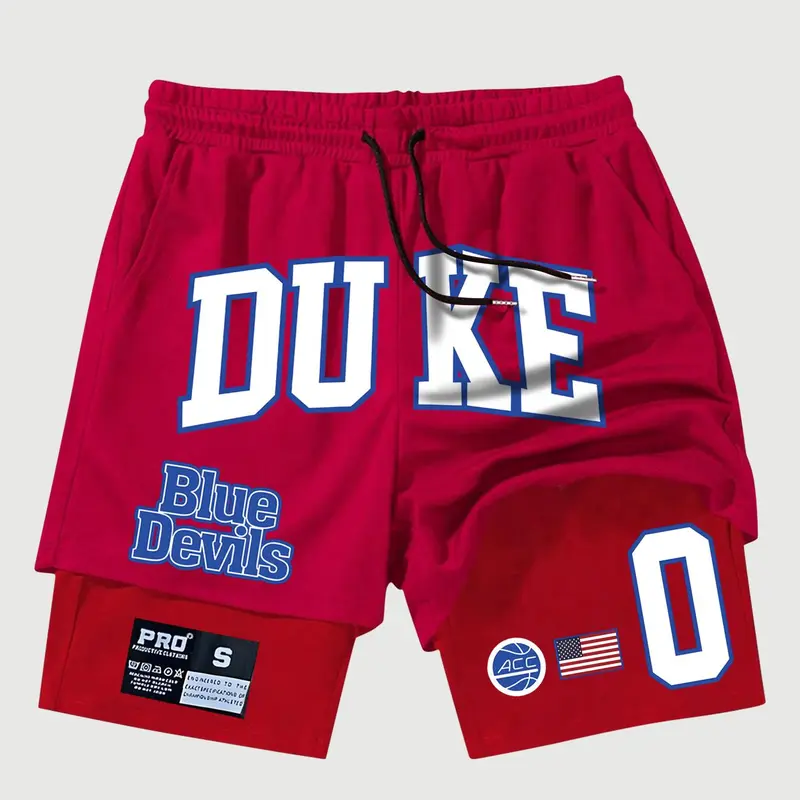 Men's Regular Fit Duke Letter Print 2-in-1 Shorts, Casual Comfy Breathable Sport Shorts for Daily Outdoor Wear, Men's Bottoms for Summer, Breathable Printed Shorts