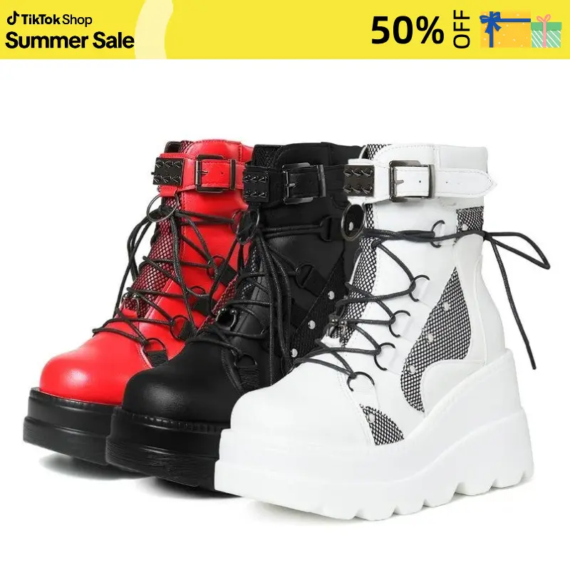 Platform Ankle Boots for Women Chunky High Heel Booties Goth Round Toe Combat Boots Women Lace Up Motorcycle Wedges