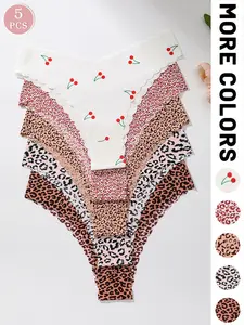 5/6/12 pieces sexy women's bikini panties, low-waist wavy edge V-shaped design - leopard cherry print, soft and fitting underwear, suitable for daily wear and casual sports