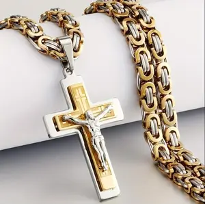 Men's 304L Stainless Steel Triple Cross Pendant Necklace with U-Shaped Flat Link Chain - Golden-Tone Religious Jewelry for Casual & Formal Wear, Everyday Fashion Accessory, Stylish Highquality Finish lilly navajo _ hip kiss yan cut necklace four parks