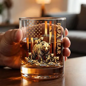 Papa Bear Round Glass - Personalized Gifts For Dad
