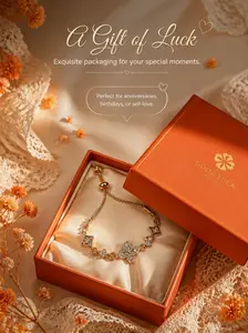Lucky Four Leaf Clover Paved Zircon Gold Adjustable Slider Bracelet, Dainty Sparkling Star Charm Chain Bracelet, Luxury Lucky Jewelry Gift for Her Birthday Anniversary