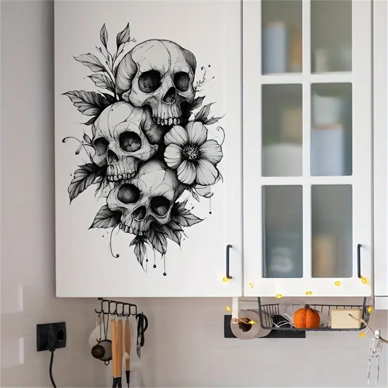 Gothic Floral Skull Halloween Wall Sticker, Perfect for Kitchen, Bathroom, Living Room, Bedroom, Halloween Party Decor, Halloween Gift