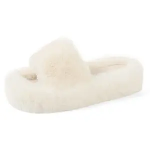 CELNEPHO Faux Fur Slippers for Women Winter Slides Warm Flip Flop Shoes Open Round Toe Slip on Single Band Non Slip Cozy Indoor Flipflops Dress Shoes