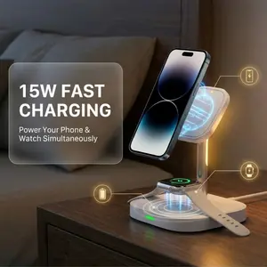 15w High Power 2-In-1 Magsafe Magnetic Wireless Fast Charger, Dual Device Simultaneous Charging, LED Night Light Included