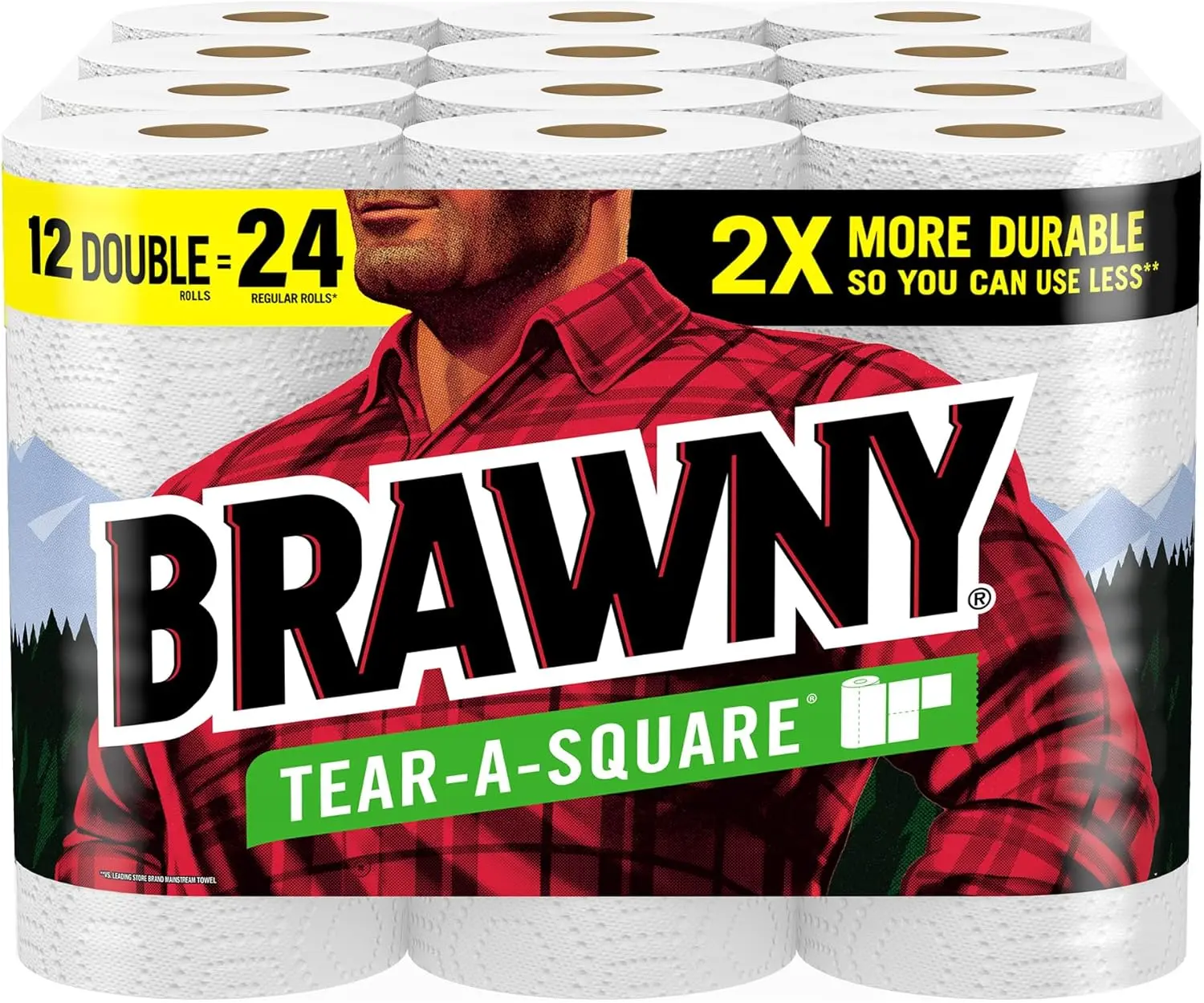 Brawny Tear-A-Square Unscented Paper Towels, 12 Double Rolls with 3 Sheet Sizes, Strength for All Messes, Cleaning Supply for Kitchen Wipes, Meal Prep, Pet Needs