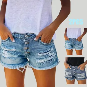 AIbart 2Pcs Women's casual jeans Retro washed and frayed design, athletic stretch jeans 2026 New Model Streetwear stretch jeans Womenswear effect bottom shorts women