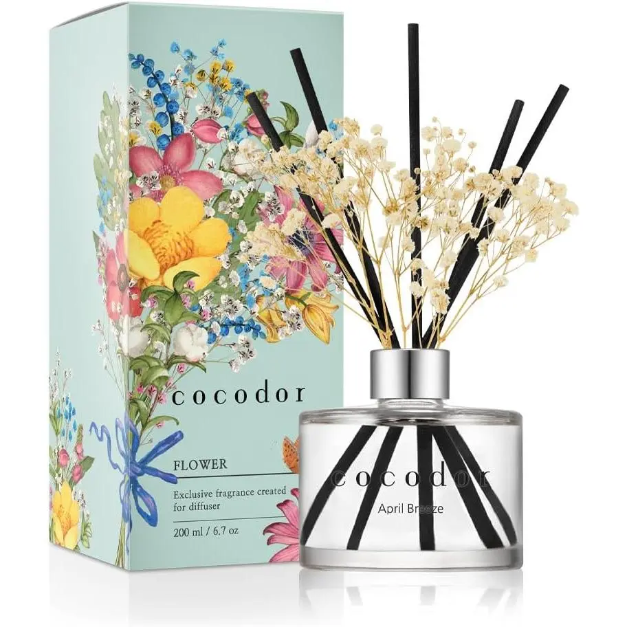 Reed Diffuser Set with Preserved Baby's Breath with Sticks/April Breeze / 6.7oz / Scent Fragrance Oil Diffuser for Bedroom Bathroom Home Decor