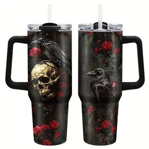 Gothic Skull Coffee Mug, Stainless Steel Insulated Travel Cup with Lid and Handle, 40oz Bird Design, Perfect Gift for Halloween Fans, Vacuum Insulated Flask