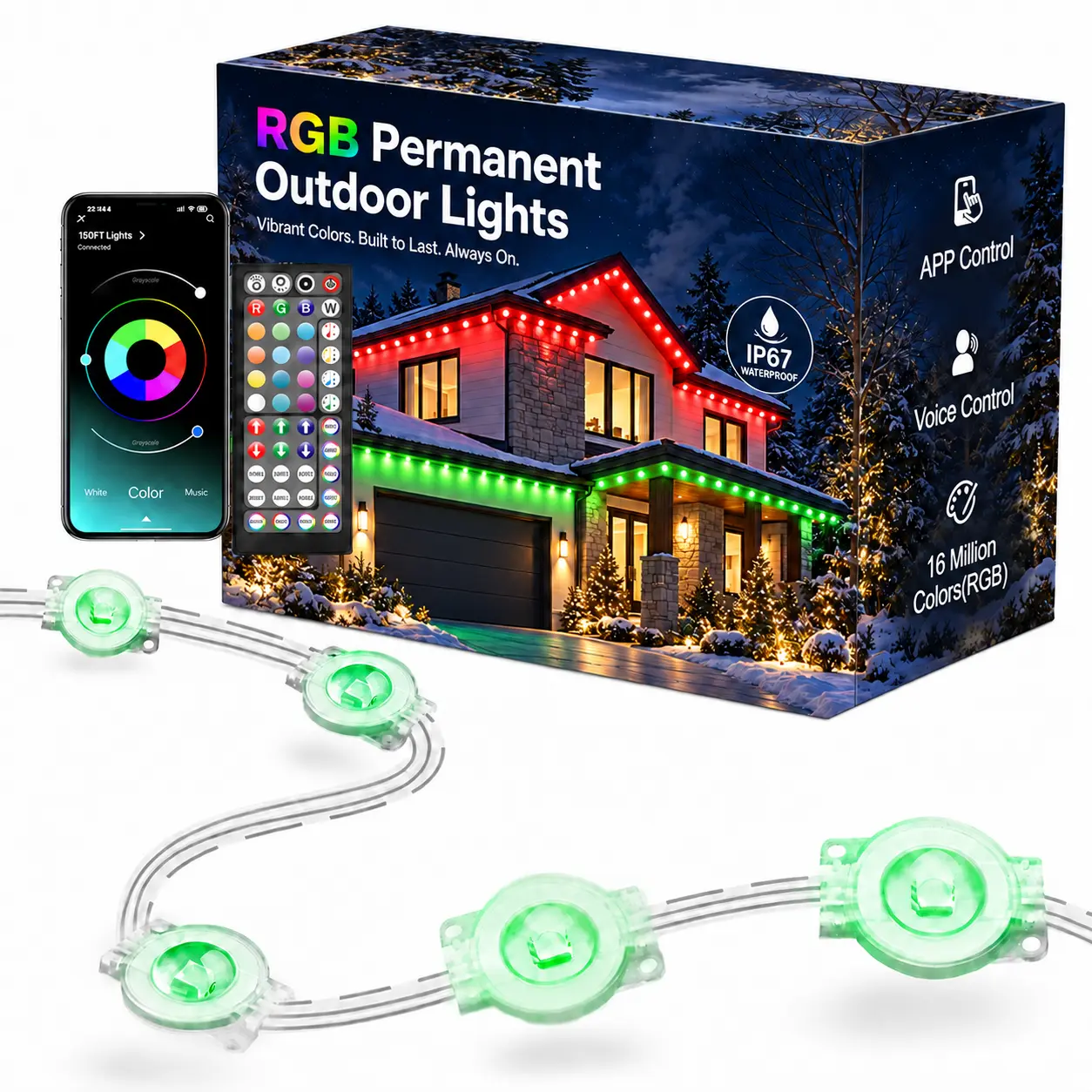 Permanent Outdoor Lights for House, Smart RGB LED Eave & Roofline Lighting with App & Remote Control, Multiple Scene Modes, Waterproof Color Changing Outdoor Lights for Christmas, Halloween & Year-Round Home Decor