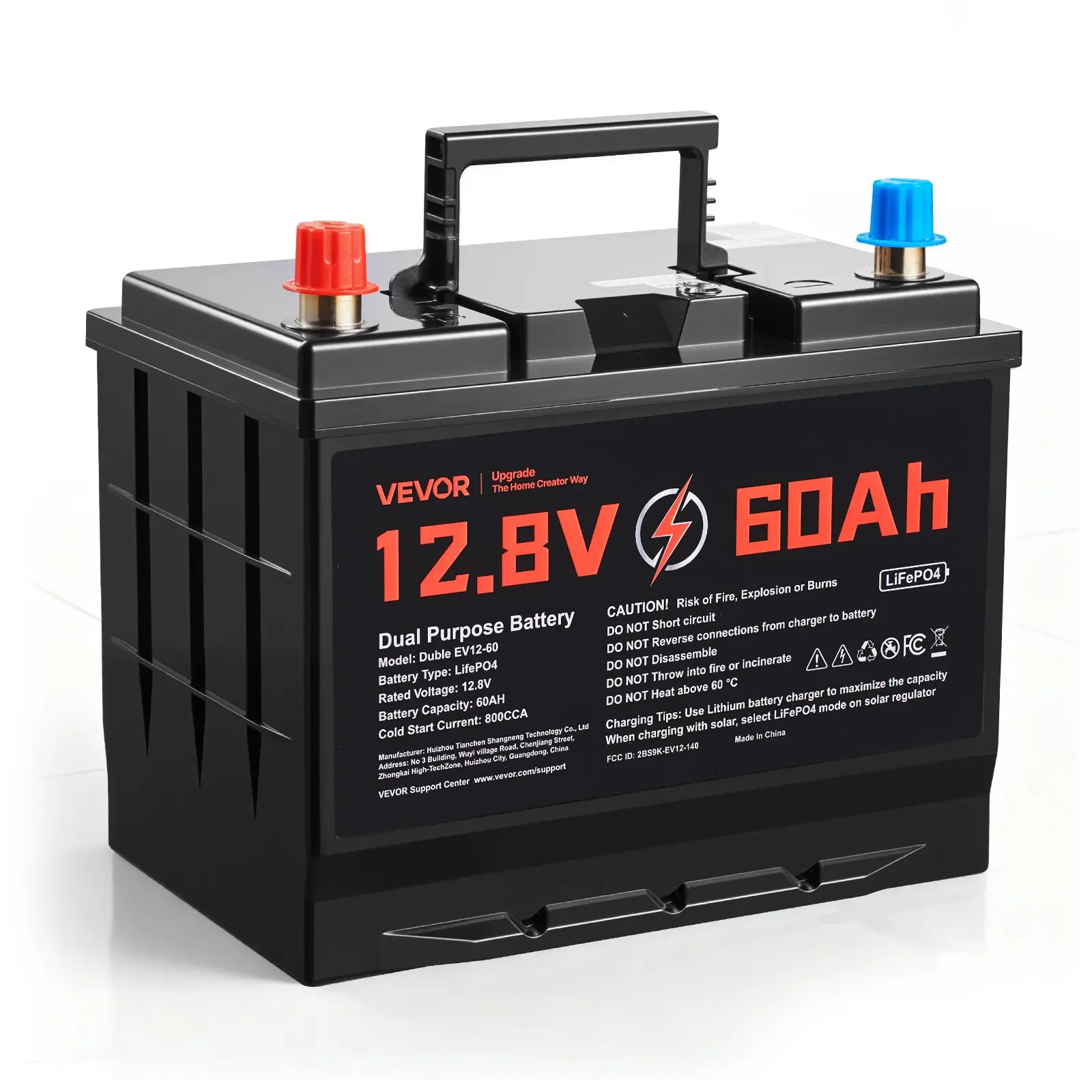【Father's Day Gift】VEVOR 12V-12.8V 60Ah LiFePO4 Lithium Battery (800 CCA, 768 Wh, AT/M8), Group 24 Dual Purpose Starter & Deep Cycle with 30A Smart BMS, Bluetooth, Short Circuit Protection, 10.24x6.81x8.86in for Automotive Start-Stop, Trolling Motor, Batt