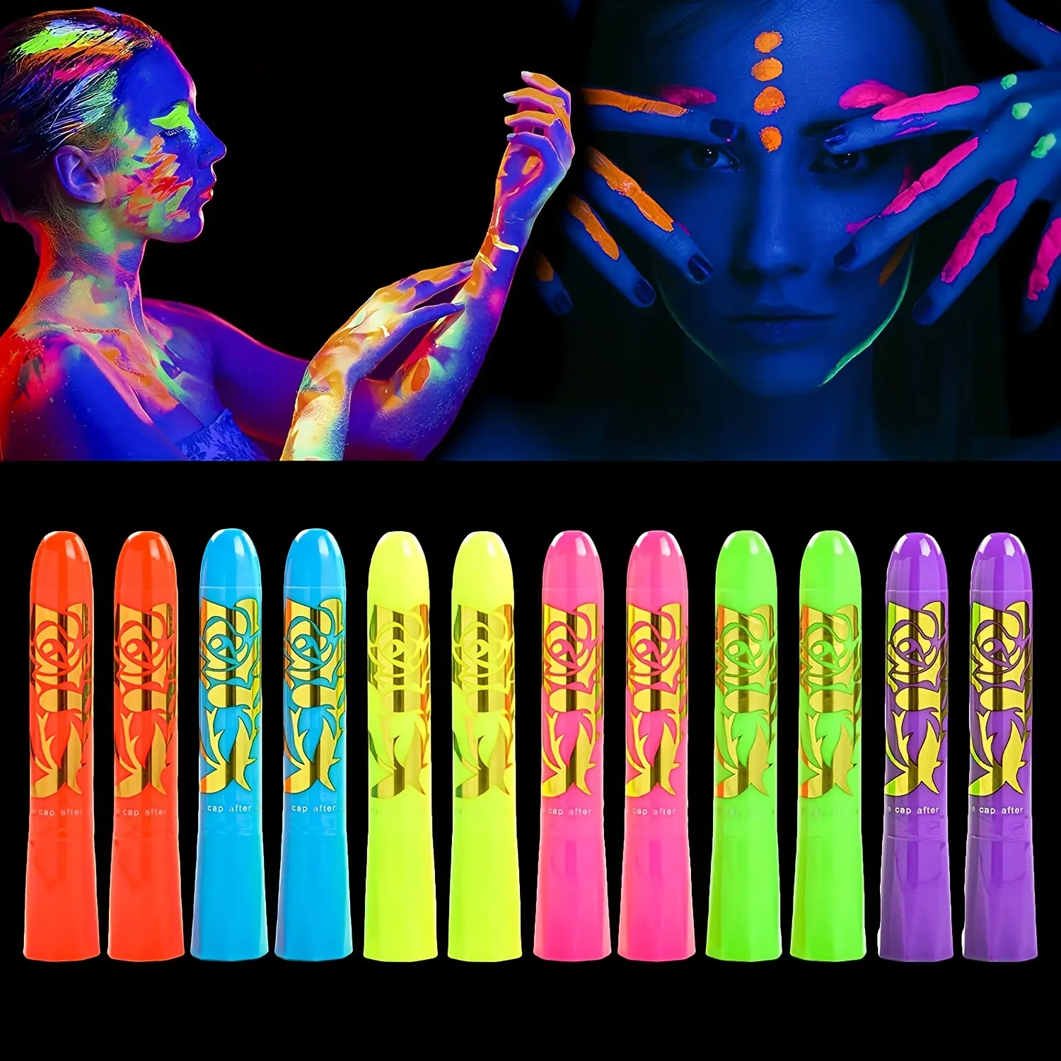 12pc set of luminous body & facial brushes - neon fluorescent chalk for Halloween, birthday parties - sulfuric acid free, black light makeup set, suitable for adults, party makeup, Glow body makeup
