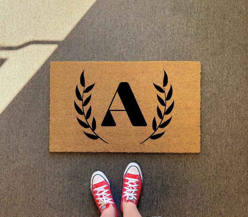 Personalized Monogram Doormat with Wreath Frame Natural Coconut Coir 3 Sizes 16x24 17x30 24x36 Long Lasting Durable Anti-Slip Backing
