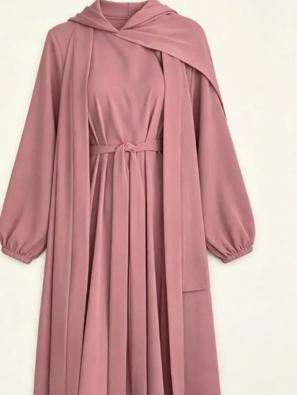3pcs Traditional Middle Eastern Abaya Dress Set - Long Sleeve, Belted Waist, Solid Color, Non-Stretch Fabric, Spring/Summer/Fall Wear, Includes Cardigan, Dress, and Headscarf, Cultural Attire | Traditional Attire | Belted Waist Dress