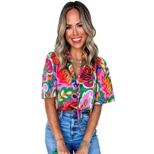 Women's Rose Summer Plant Print Lace Up V Neck Short Sleeve Blouse