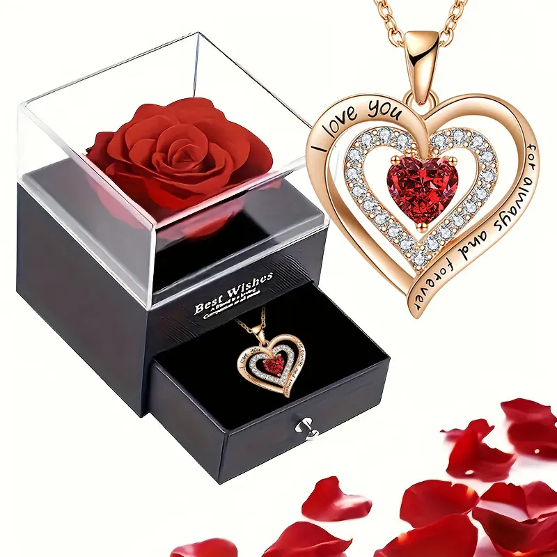 Romantic Rose Box with "I Love You" Heart Shaped Necklace – Unique Jewelry Gift Set for Her, Perfect for Mom, Wife, Girlfriend on Birthday & Anniversary