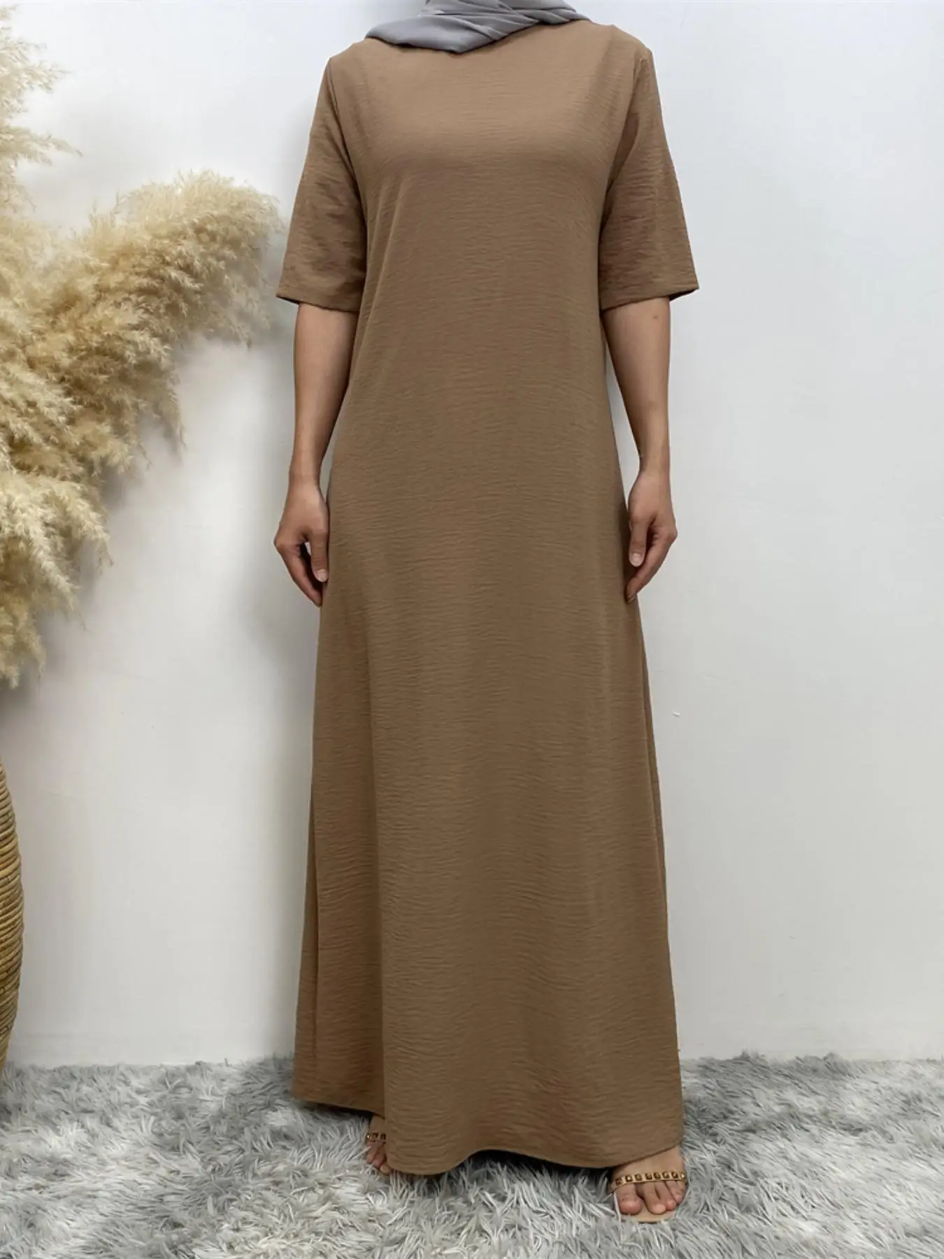 Women's Solid Color Round Neck Long Dress, Casual Half Sleeve Long Dress for Summer, Women's Islamic Clothing for Daily Wear