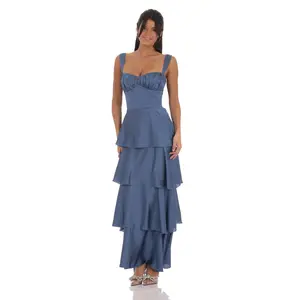 Lucy in the Sky Satin Ruffle Maxi Dress in Slate Blue