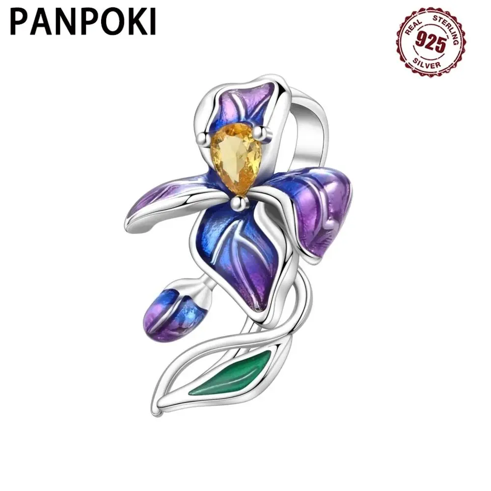 PANPOKI 925 Sterling Silver Blue Purple Iris Flower Beads Original Pendants Bracelet Charm Jewelry Party DIY Trendy Gifts